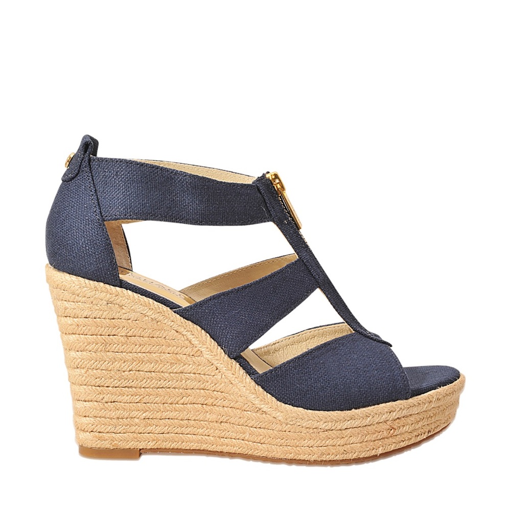 New Michael Kors Sandal Womens 6.5M Blue Damita Denim Open Toe Wedge Heels